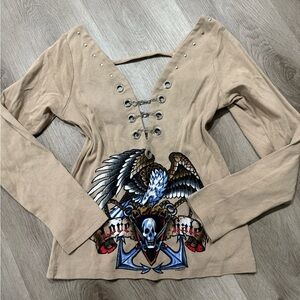 Tan Lace-Up Graphic Women Top vintage y2k